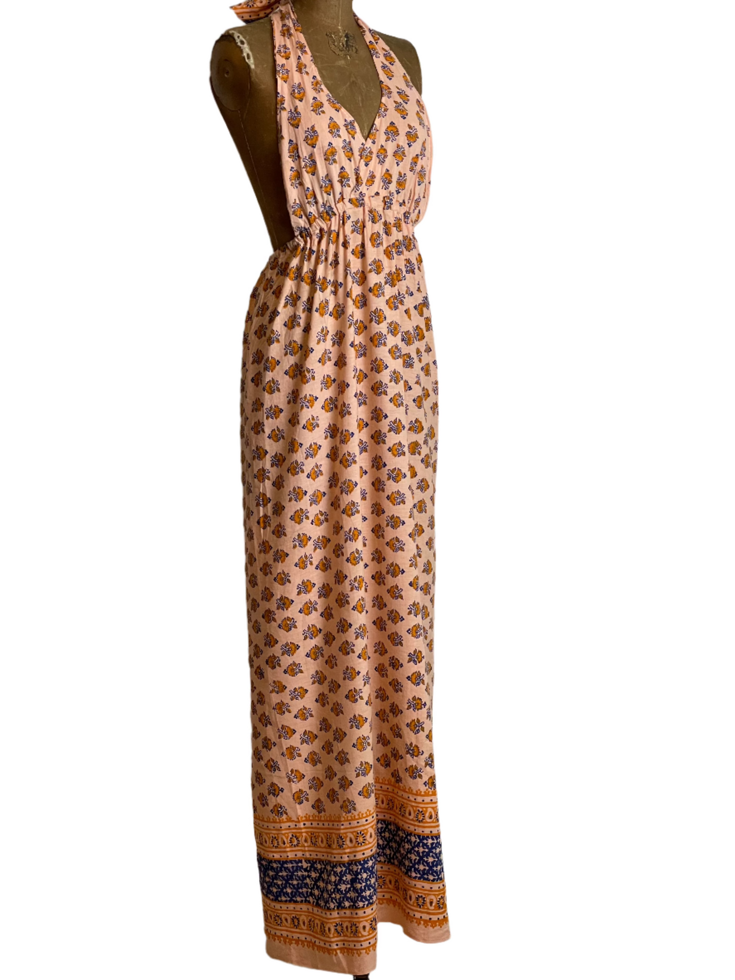 Indian Cotton Block Print Peach Halter Maxi Dress - Sm/Med