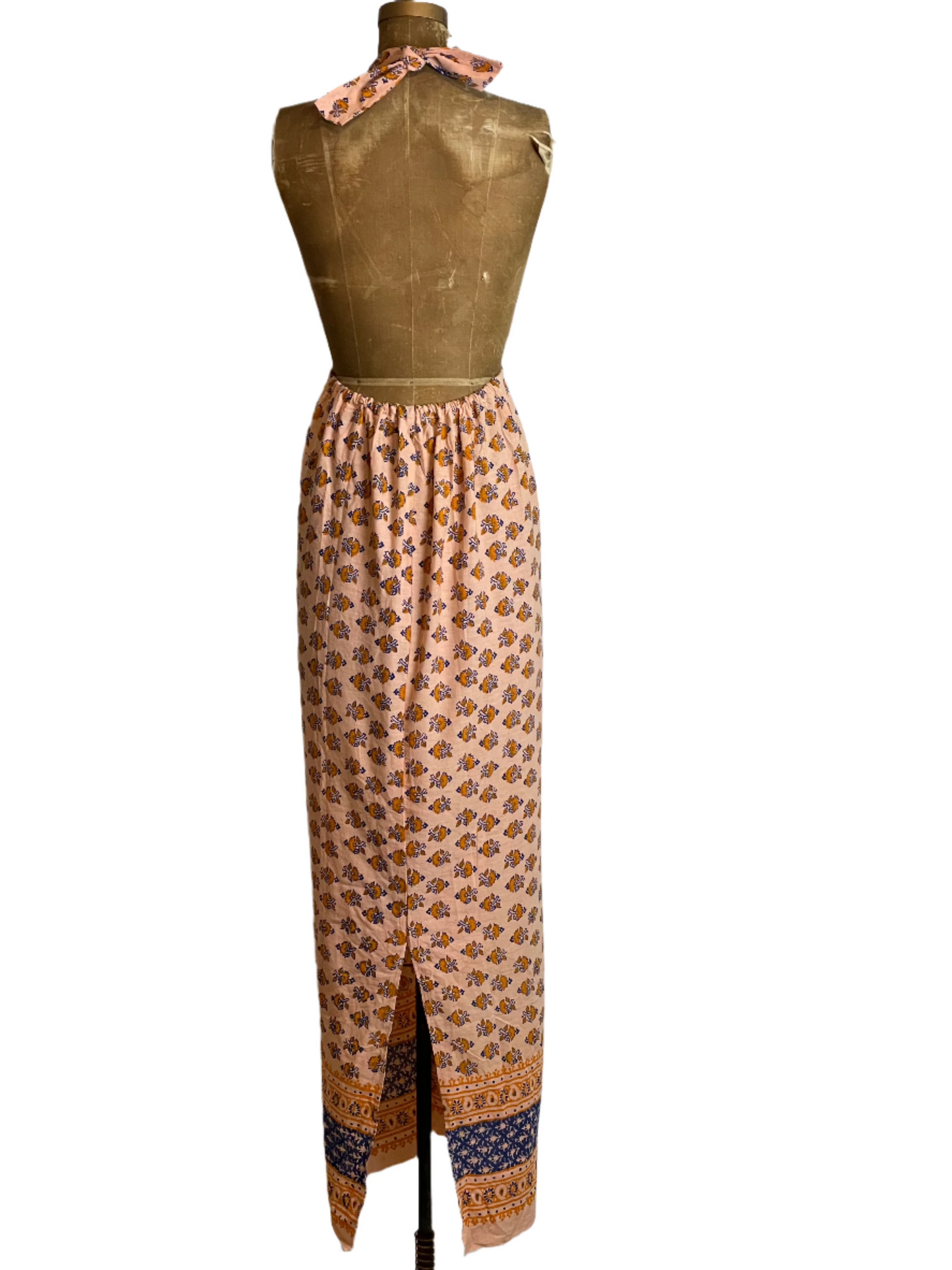 Indian Cotton Block Print Peach Halter Maxi Dress - Sm/Med