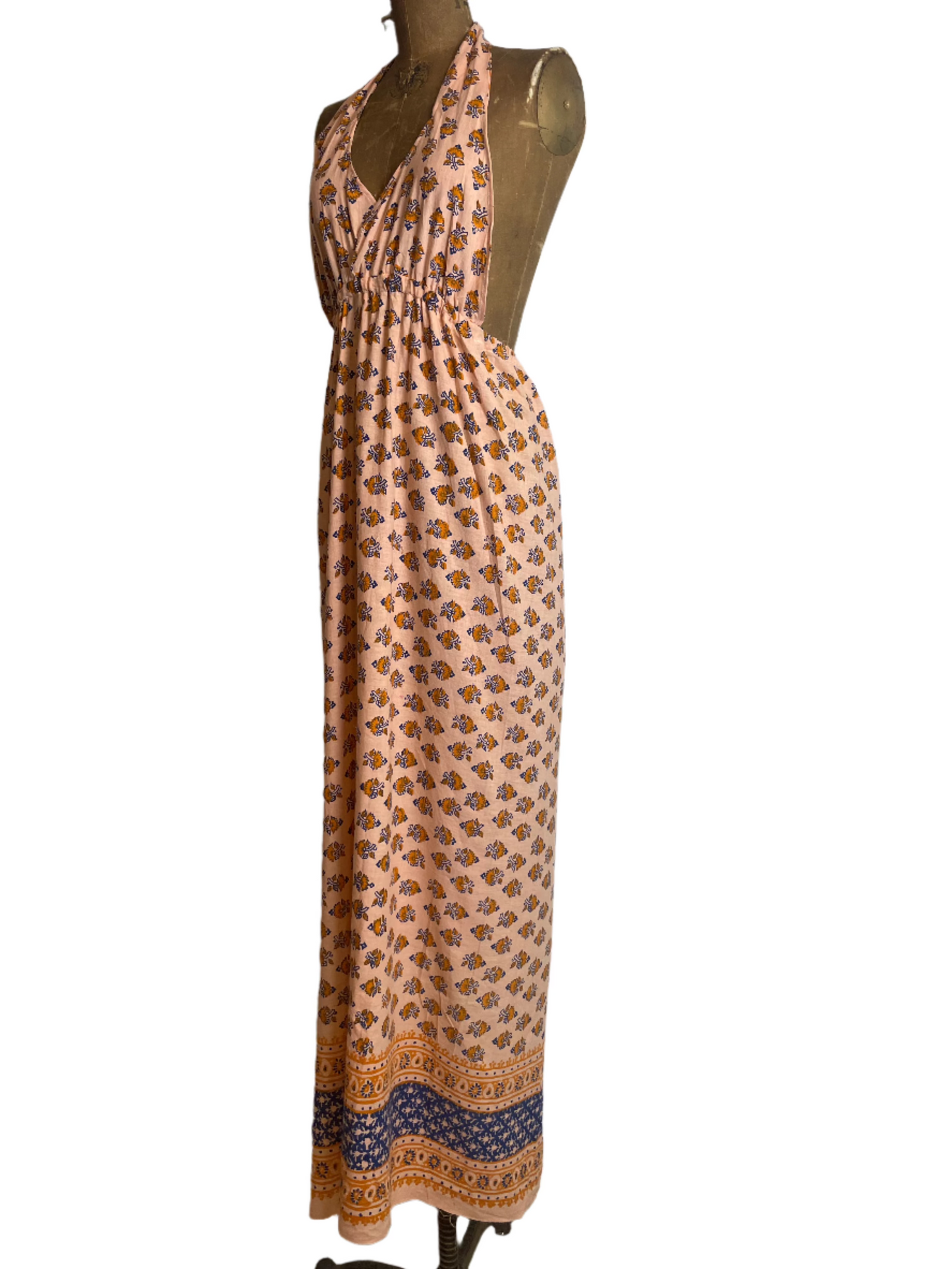 Indian Cotton Block Print Peach Halter Maxi Dress - Sm/Med