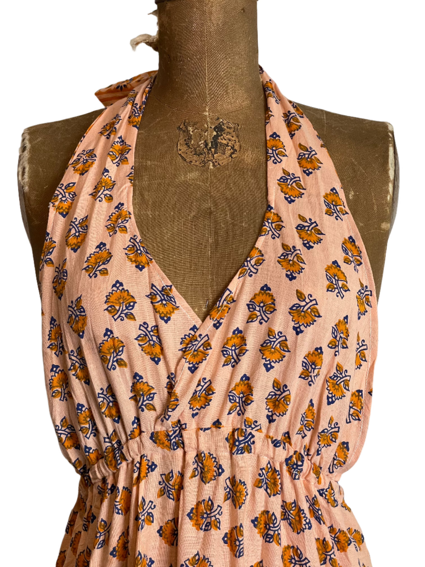 Indian Cotton Block Print Peach Halter Maxi Dress - Sm/Med