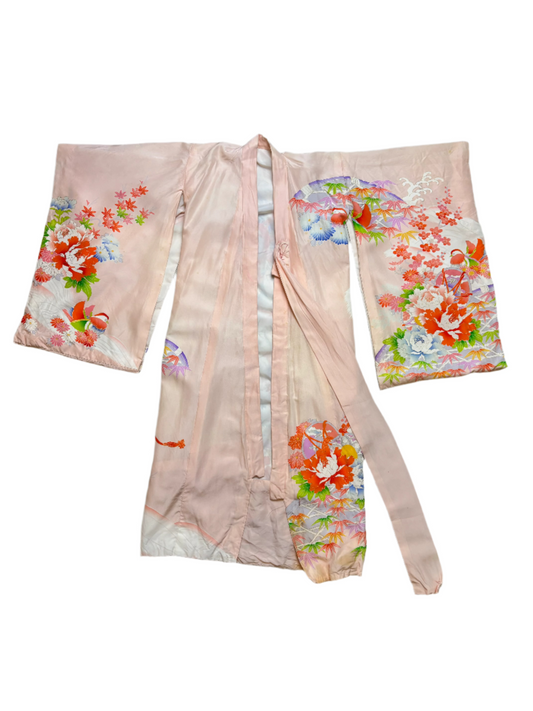 Vintage Child's Japanese Pink Floral Kimono 7-10Y