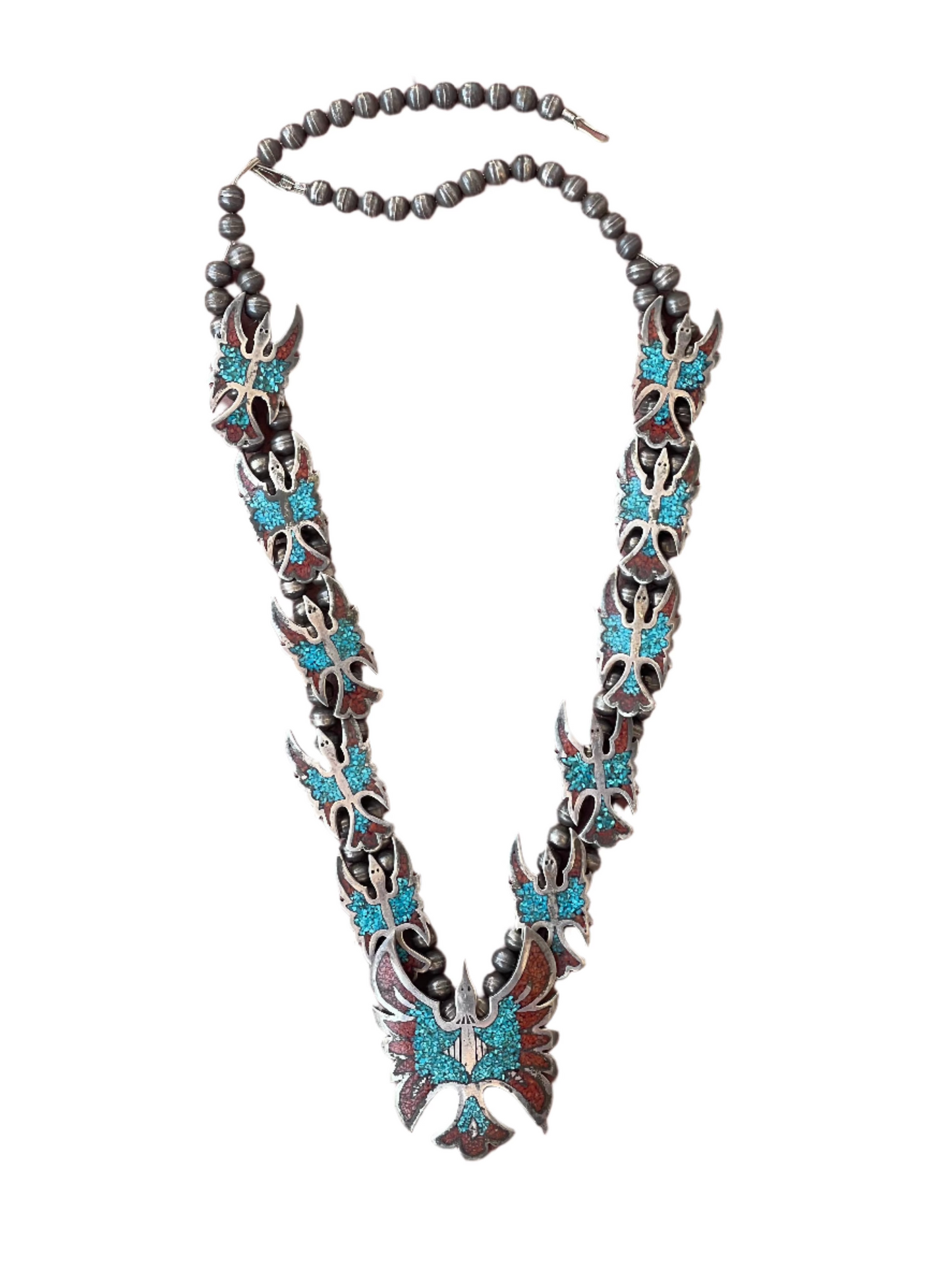 Vintage Thunderbird Squash Blossom w/Turquoise & Coral Inlay Necklace