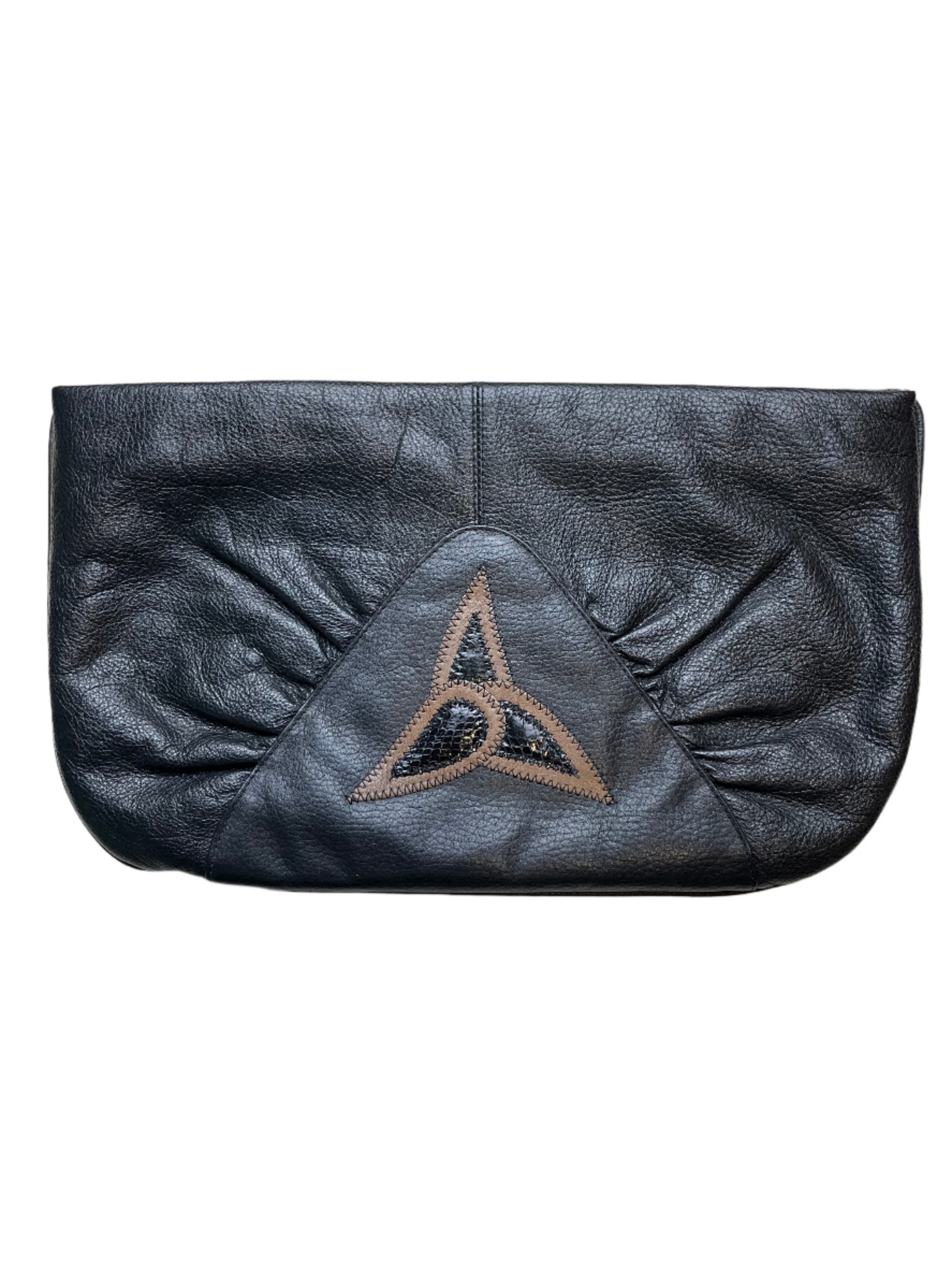 '80s Vintage Black Leather Clutch w/Snakeskin Detail