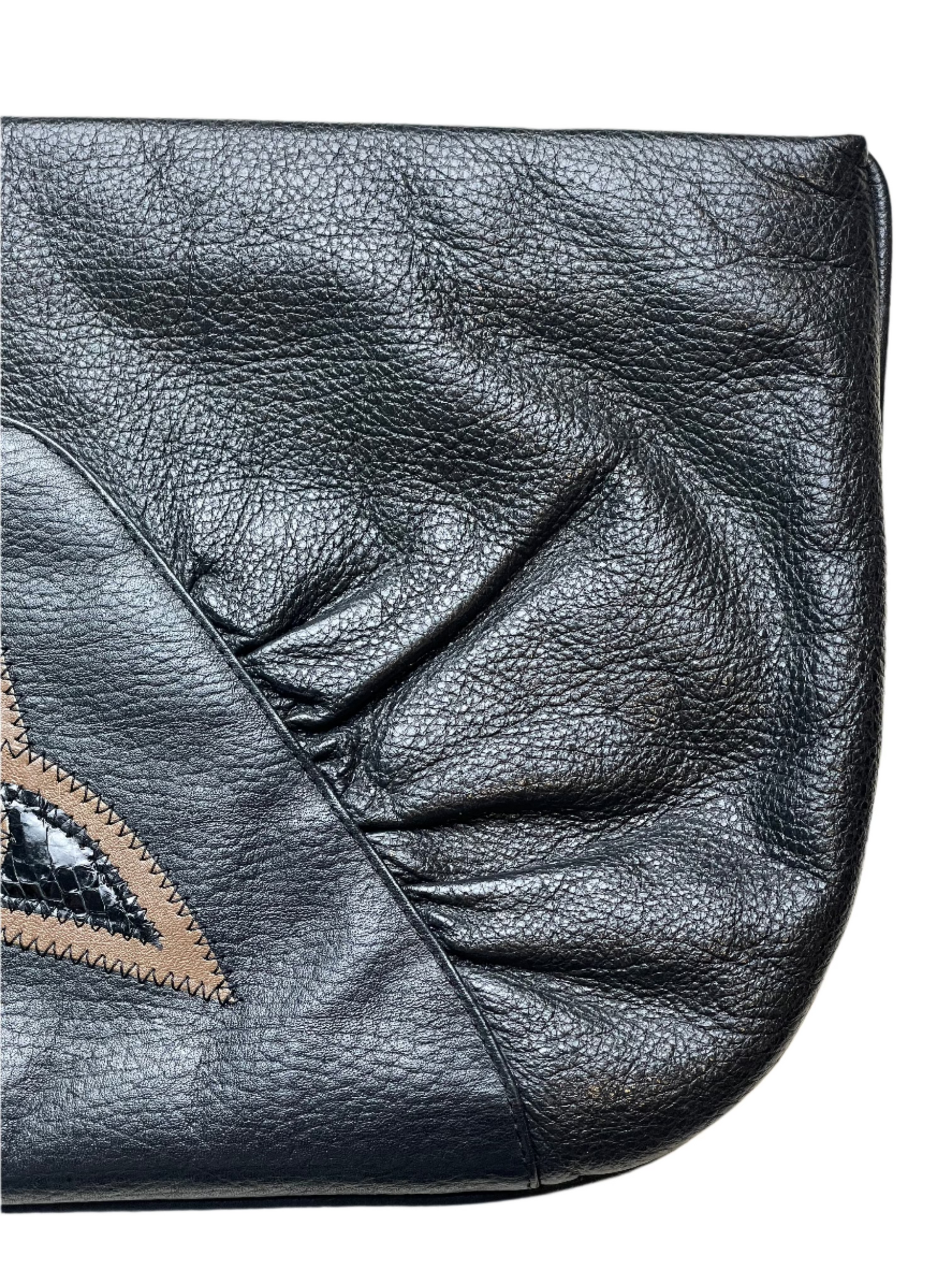 '80s Vintage Black Leather Clutch w/Snakeskin Detail