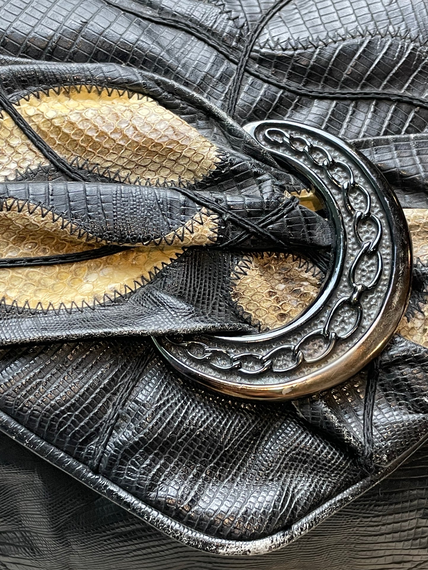 '80s Vintage Large Black Clutch w/Snakeskin Detail