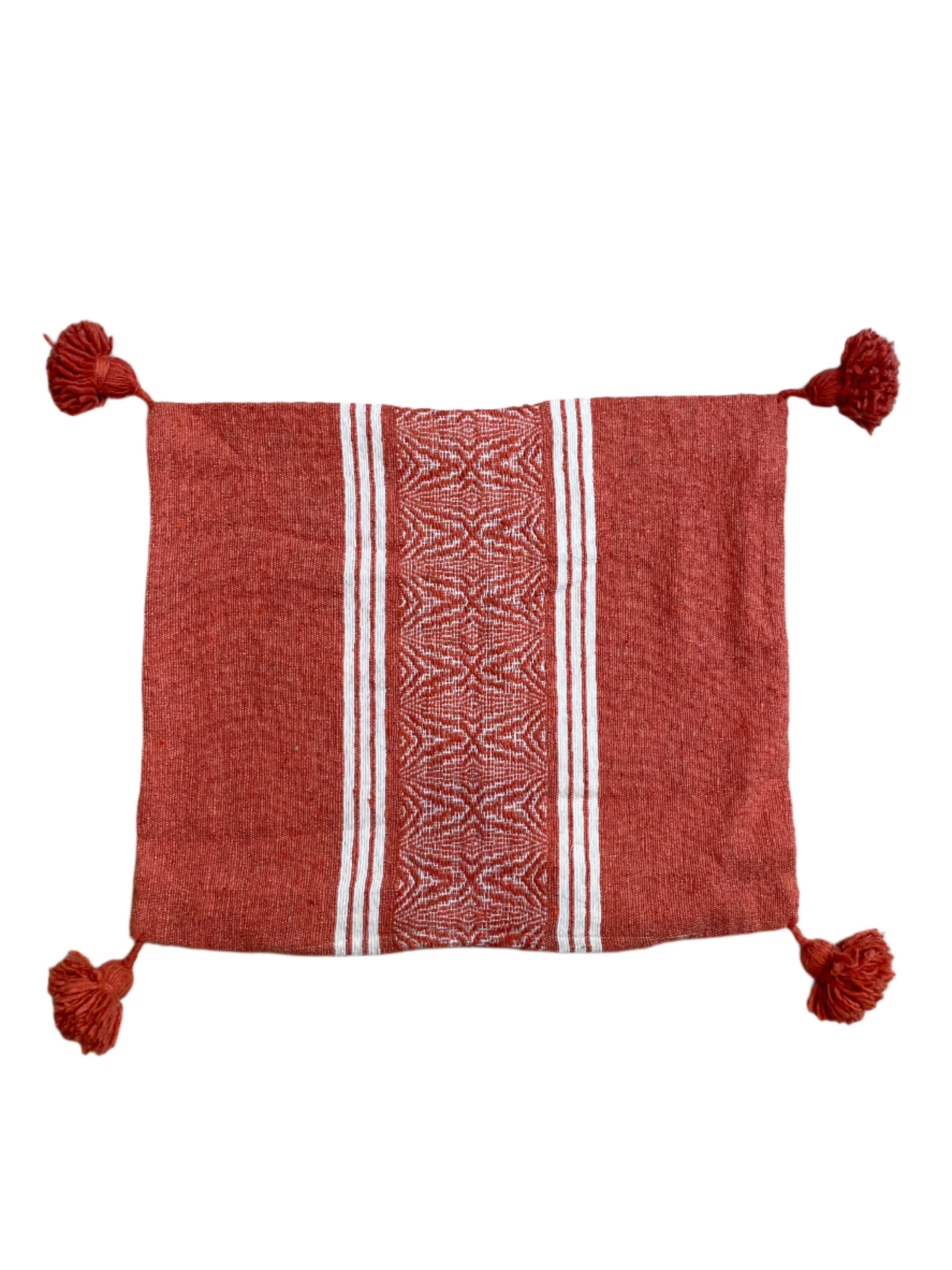 Moroccan Orange Wool Tassel Pillowcase w/White Abstract Pattern 1.75' x 1.46'