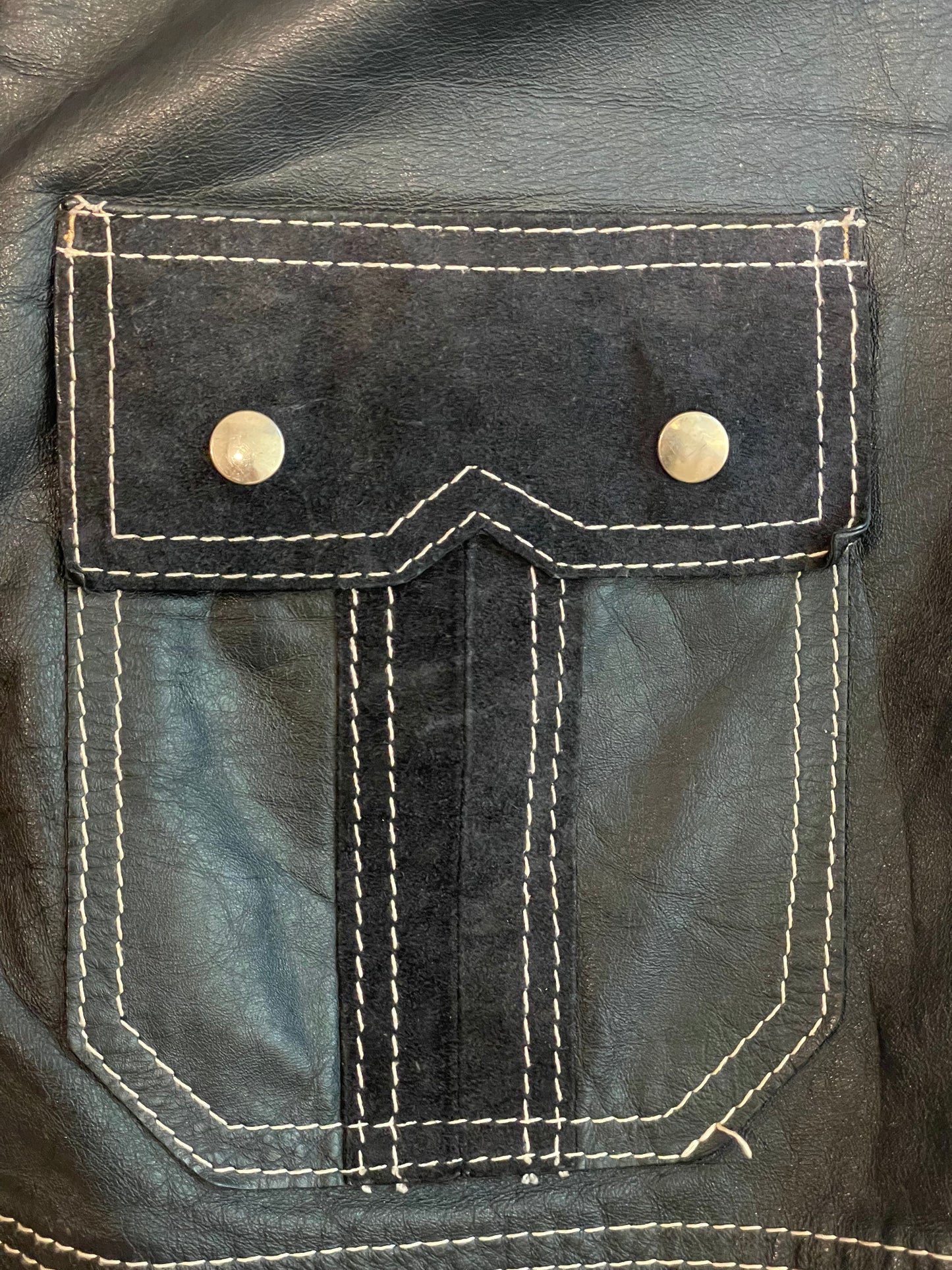 '70s Vintage Dark Blue Leather Jacket w/White Stitching - XL