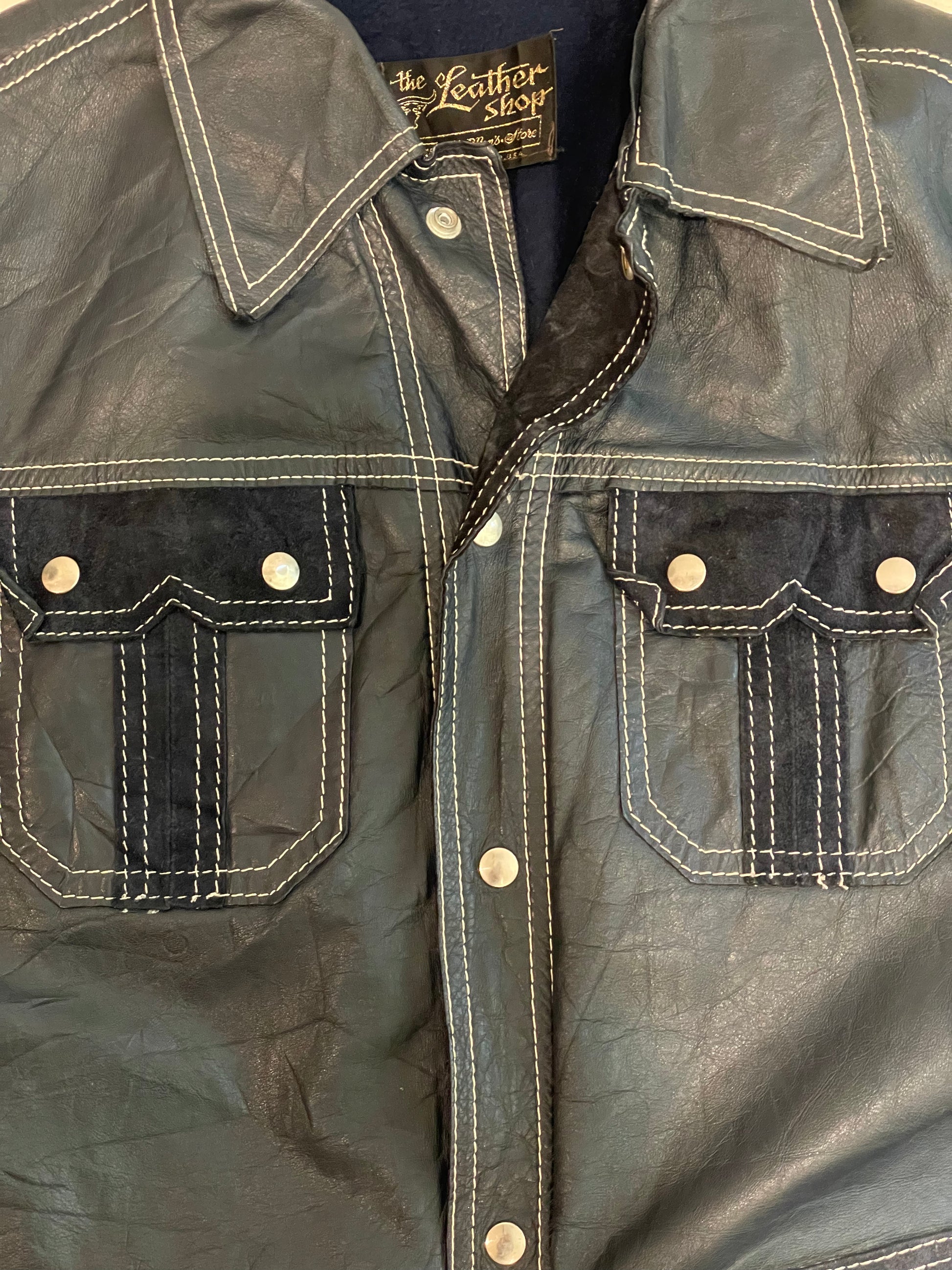 '70s Vintage Dark Blue Leather Jacket w/White Stitching - XL