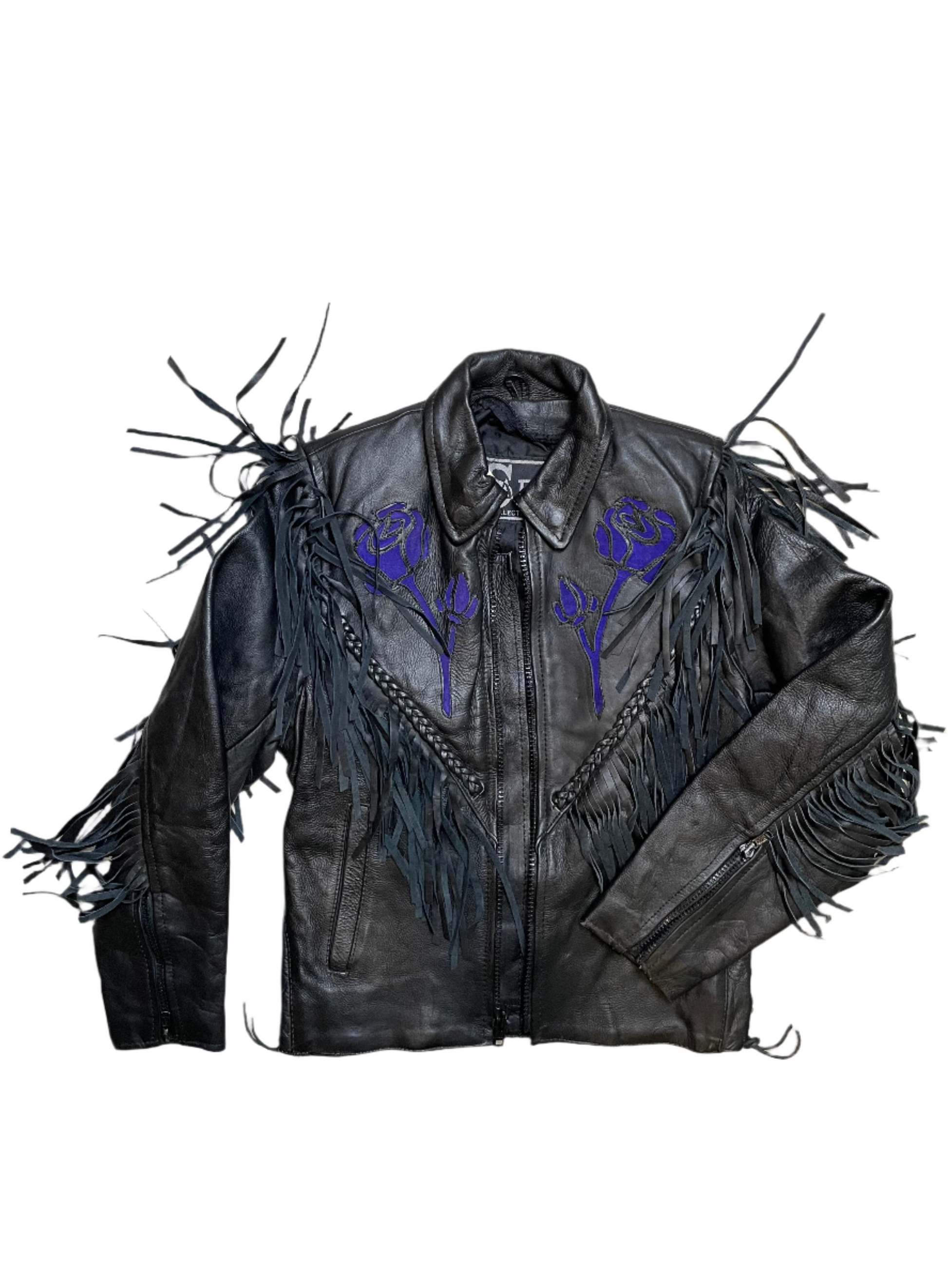 '80s Vintage Black Leather Fringe Jacket w/Purple Rose Inlay - SML