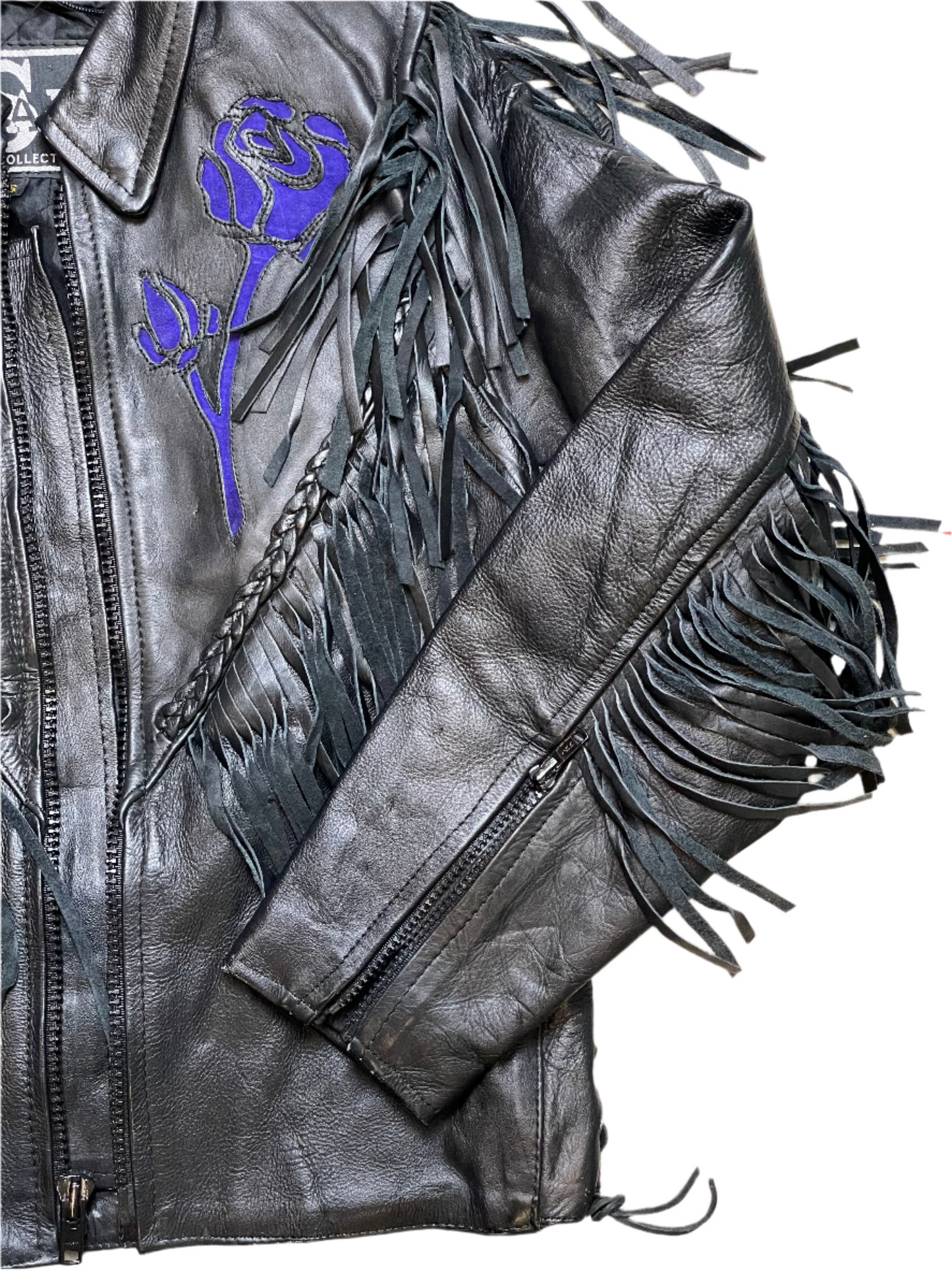 '80s Vintage Black Leather Fringe Jacket w/Purple Rose Inlay - SML