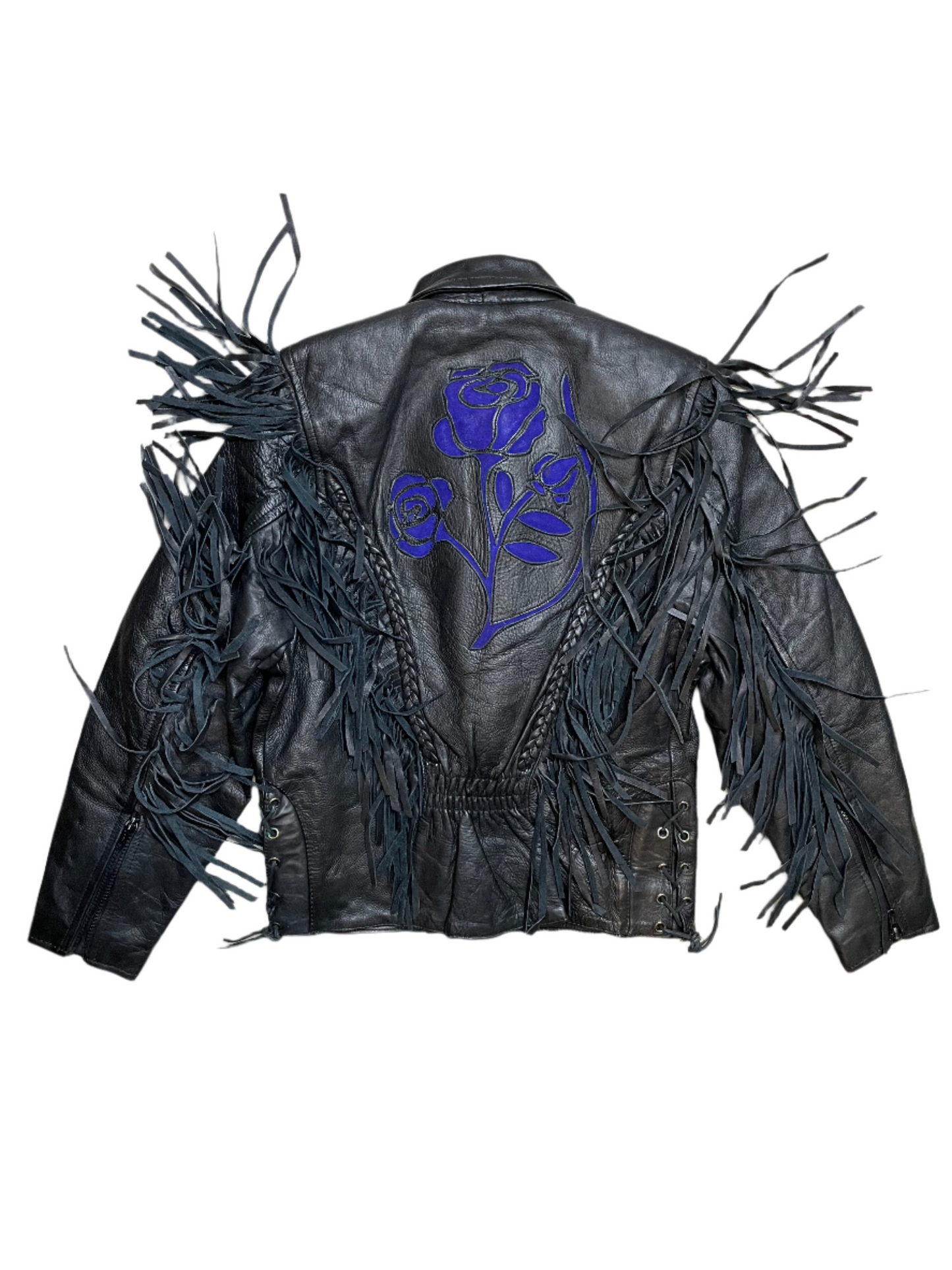 '80s Vintage Black Leather Fringe Jacket w/Purple Rose Inlay - SML