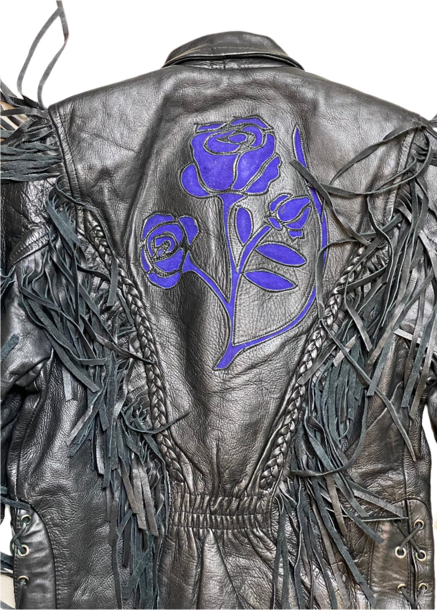 '80s Vintage Black Leather Fringe Jacket w/Purple Rose Inlay - SML