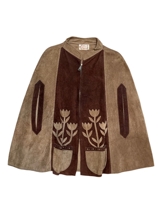 '60s/70s Vintage 2-Tone Brwn Suede Flower Cape - OS