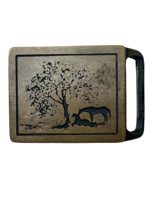 Vintage Bronze Tech Ether Guild '75 Engraved Horse Tree Scene Buckle