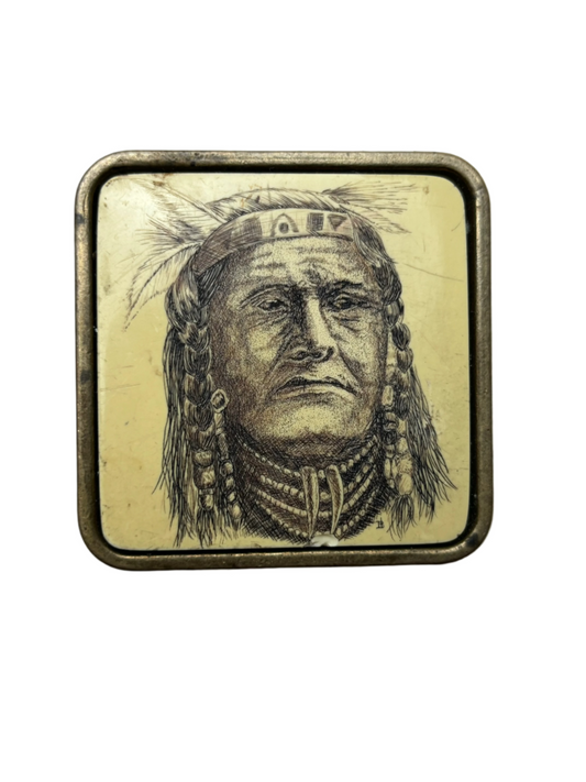 Vintage BTS Brass Square Buckle w/Ivory Native Man Portrait