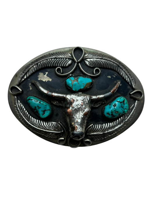 Vintage Copper - Silver Plated Longhorn Buckle w/3 Turquoise Stones