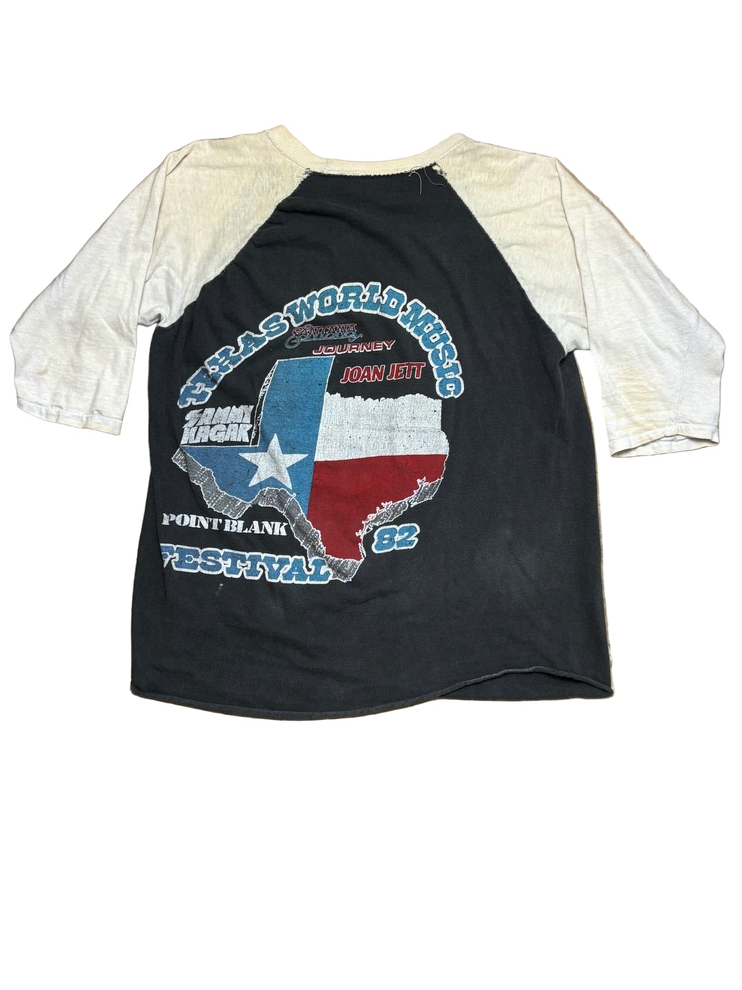 1982 Texas World Music Fest for Cotton Bowl/Astrodome Raglan T-Shirt featuring Sammy Hagar, Joan Jett, Santana, Journey, & Point Blank - SML