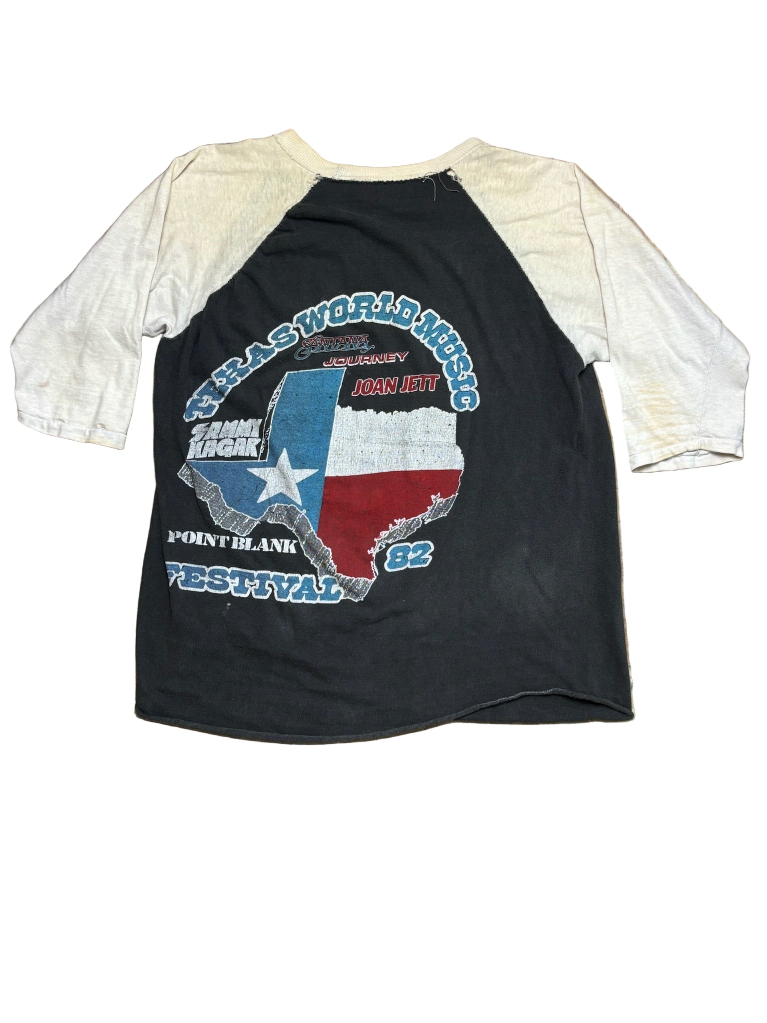 1982 Texas World Music Fest for Cotton Bowl/Astrodome Raglan T-Shirt featuring Sammy Hagar, Joan Jett, Santana, Journey, & Point Blank - SML