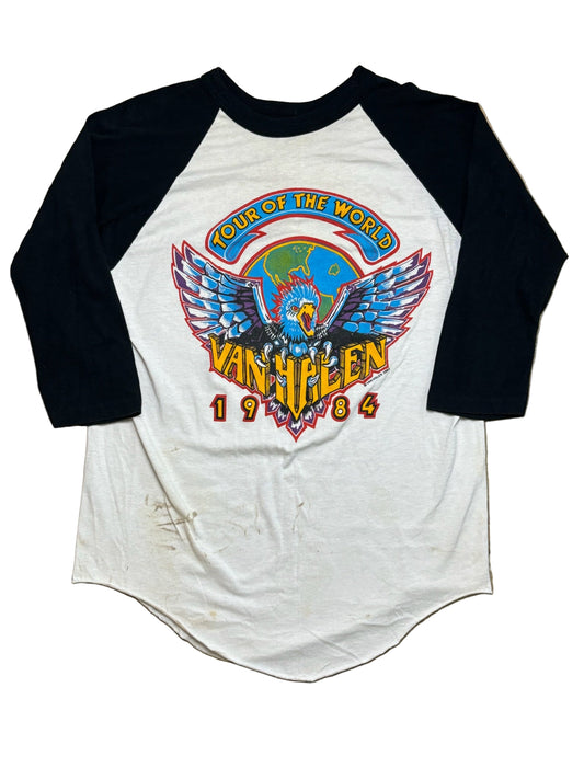 1984 Vintage White/Black Van Halen Tour of the World Raglan T-Shirt - MED