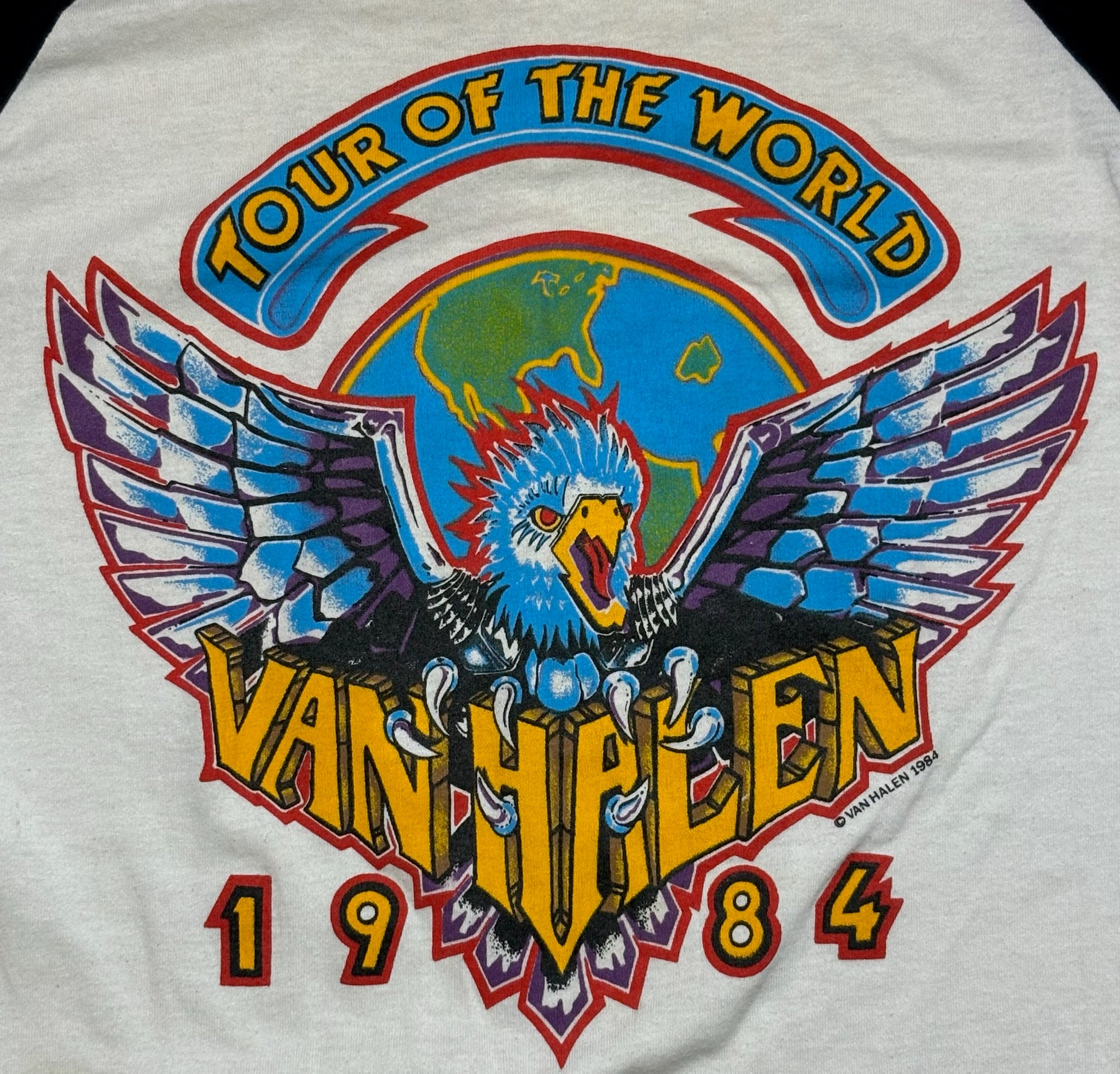 1984 Vintage White/Black Van Halen Tour of the World Raglan T-Shirt - MED